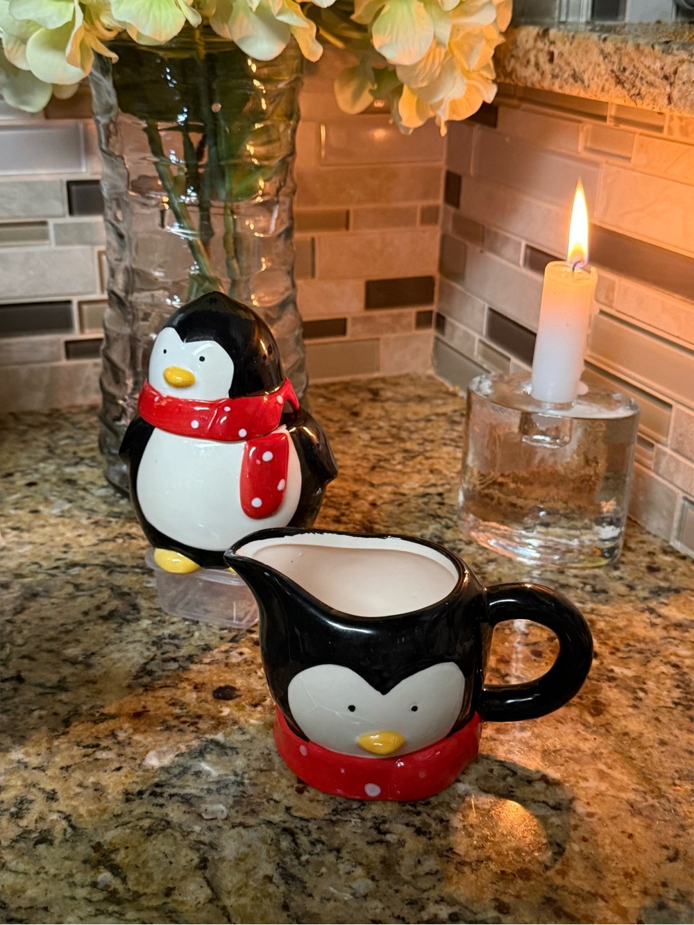 Holiday Penguin Creamer and Sugar Set - Black & Red